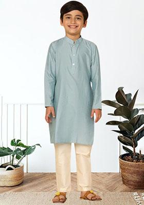 Sky Blue Self Design Art Silk Kurta Set For Boy