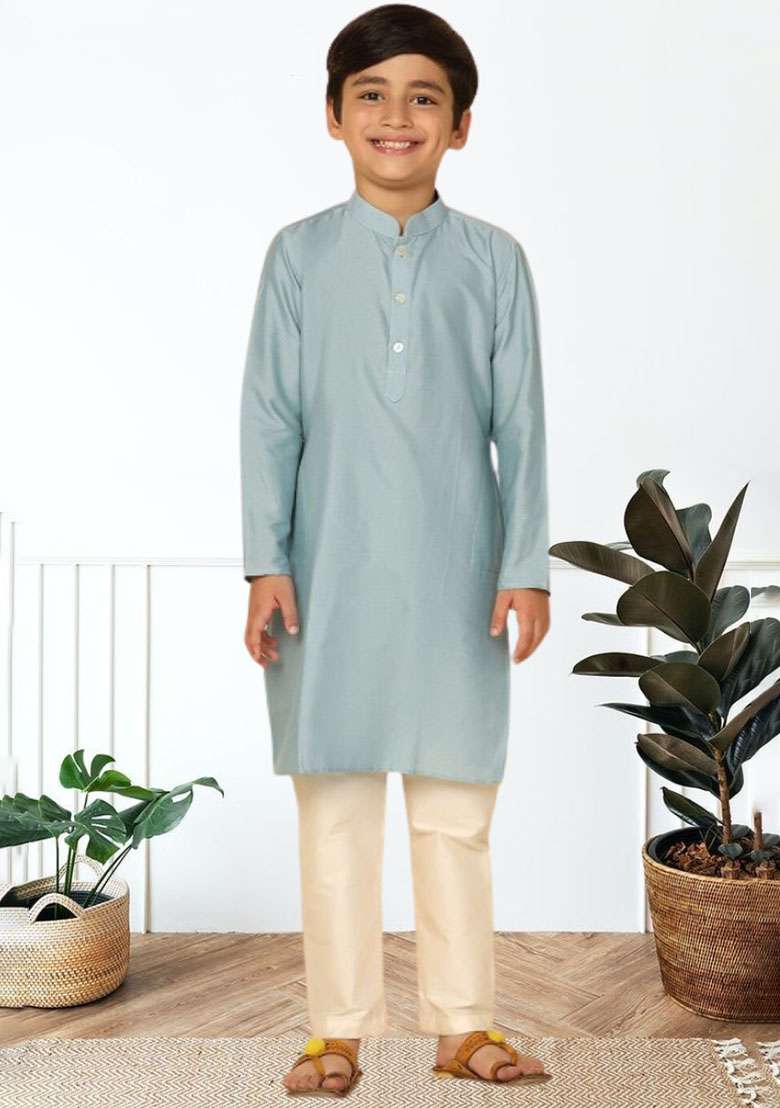Sky Blue Self Design Art Silk Kurta Set For Boy - Indya