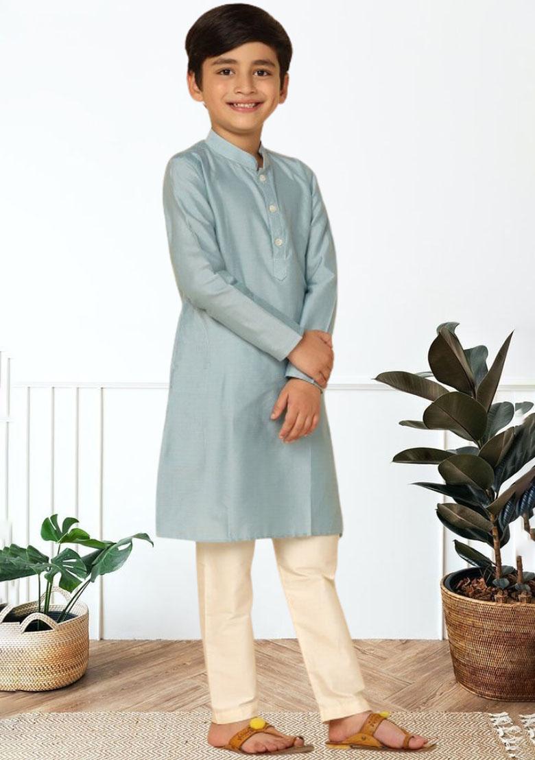 Sky Blue Self Design Art Silk Kurta Set For Boy