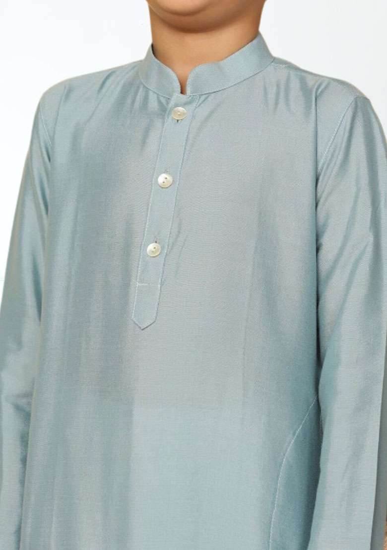 Sky Blue Self Design Art Silk Kurta Set For Boy - Indya