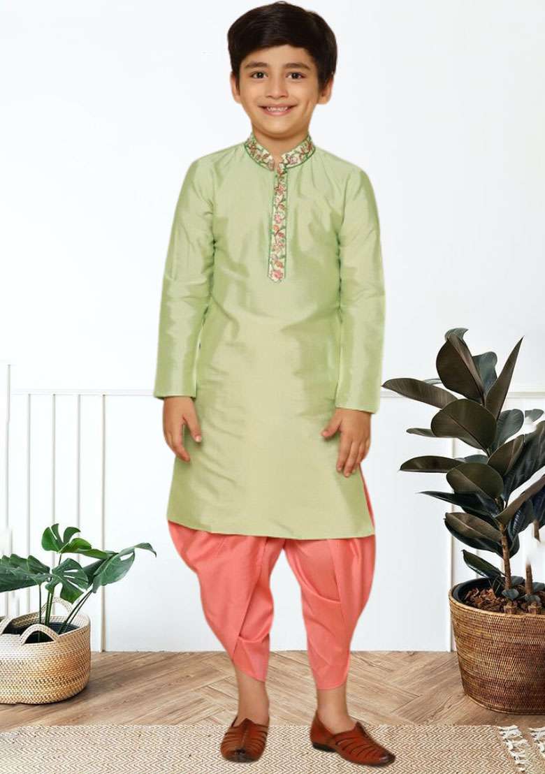 Pista Green Self Design Art Silk Kurta Set For Boy - Indya