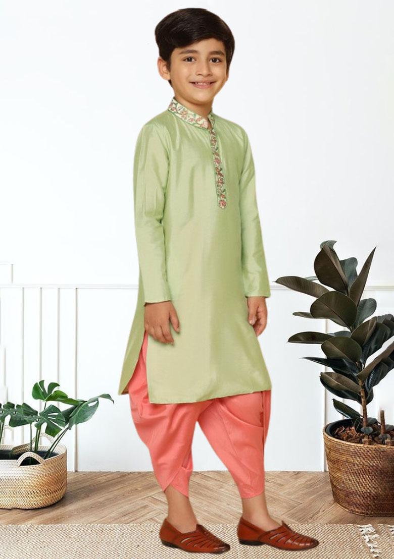 Pista Green Self Design Art Silk Kurta Set For Boy