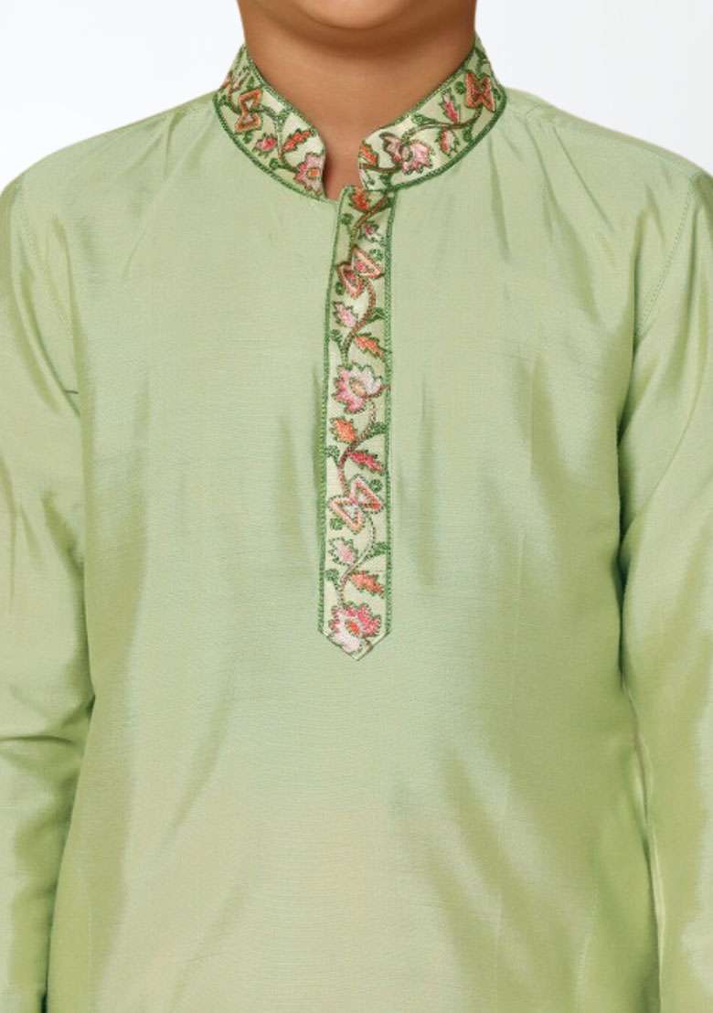 Pista Green Self Design Art Silk Kurta Set For Boy - Indya