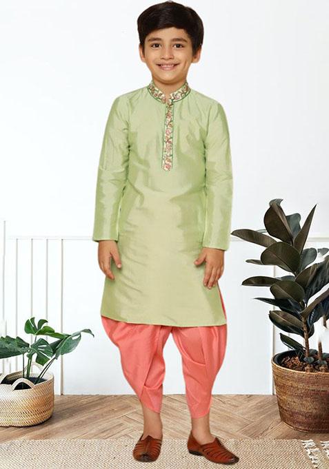 Pista Green Self Design Art Silk Kurta Set For Boy
