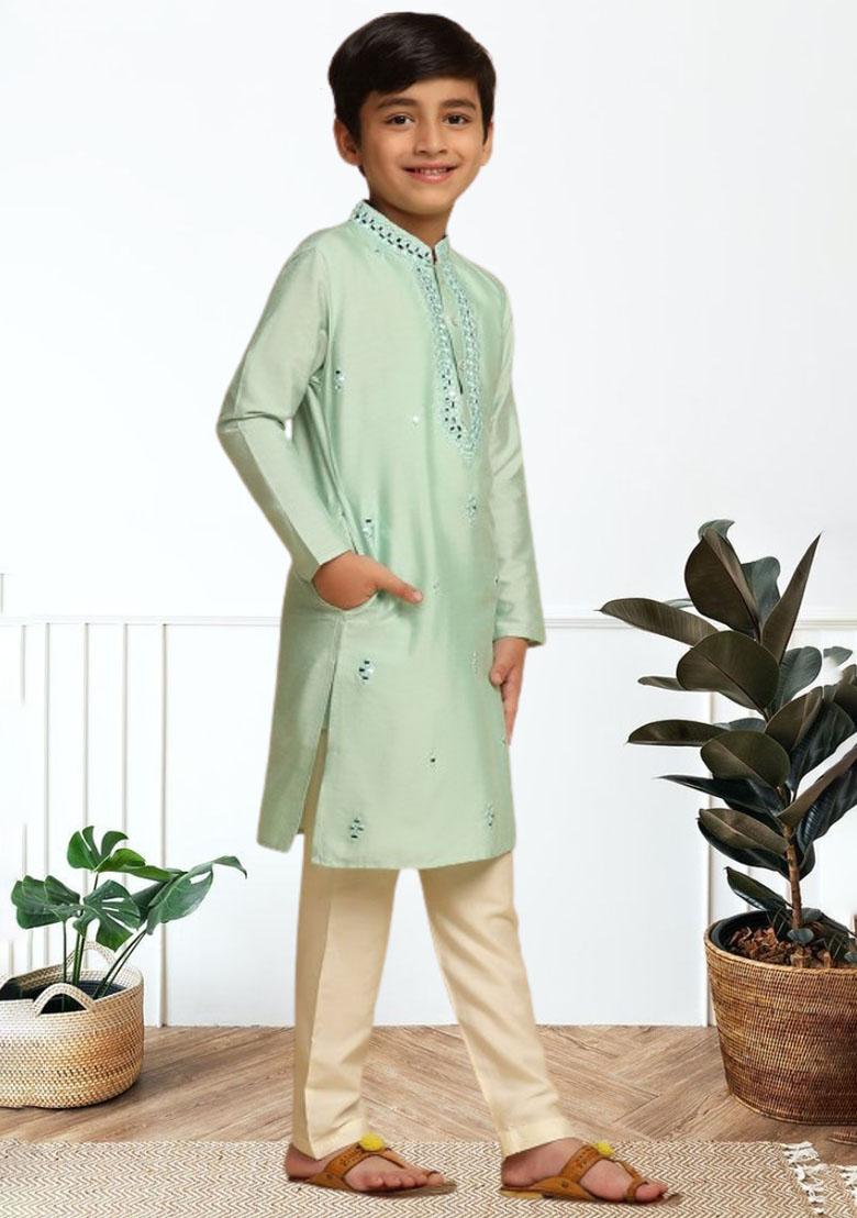 Pista Green Self Design Art Silk Kurta Set For Boy