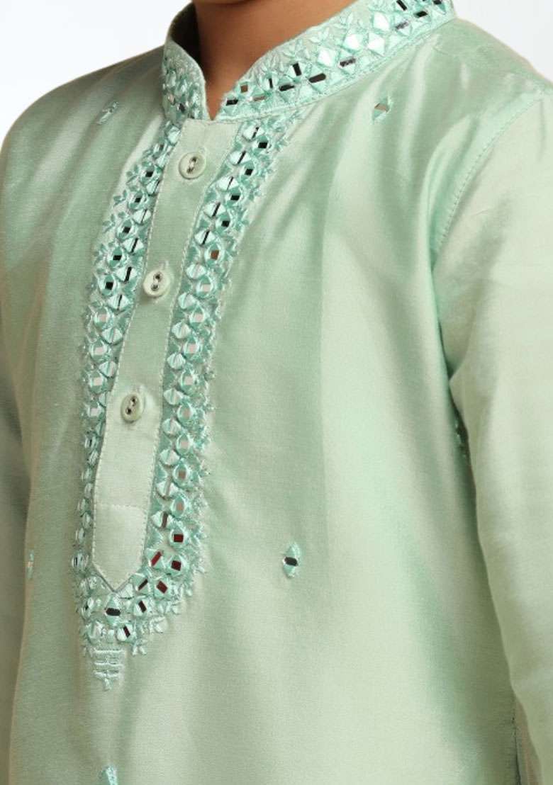 Pista Green Self Design Art Silk Kurta Set For Boy - Indya