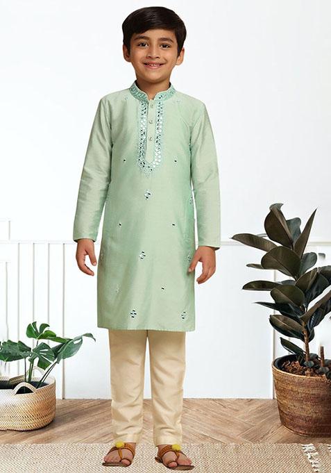 Pista Green Self Design Art Silk Kurta Set For Boy