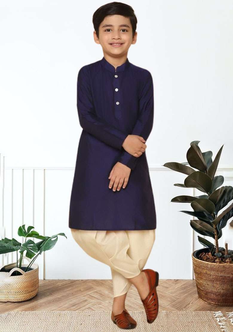Navy Blue Self Design Art Silk Kurta Set For Boy - Indya