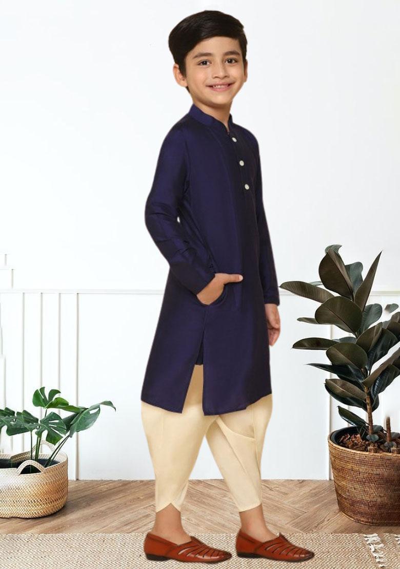 Navy Blue Self Design Art Silk Kurta Set For Boy