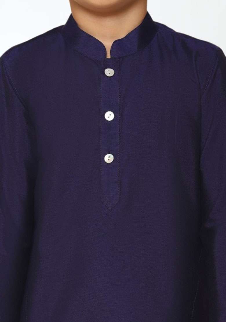 Navy Blue Self Design Art Silk Kurta Set For Boy - Indya