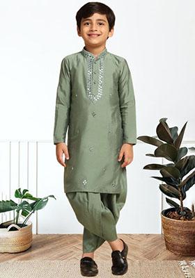 Pista Green Self Design Art Silk Kurta Set For Boy