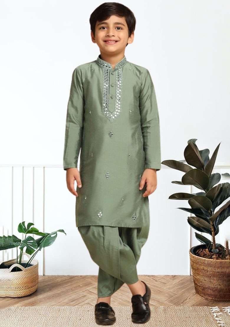 Pista Green Self Design Art Silk Kurta Set For Boy - Indya