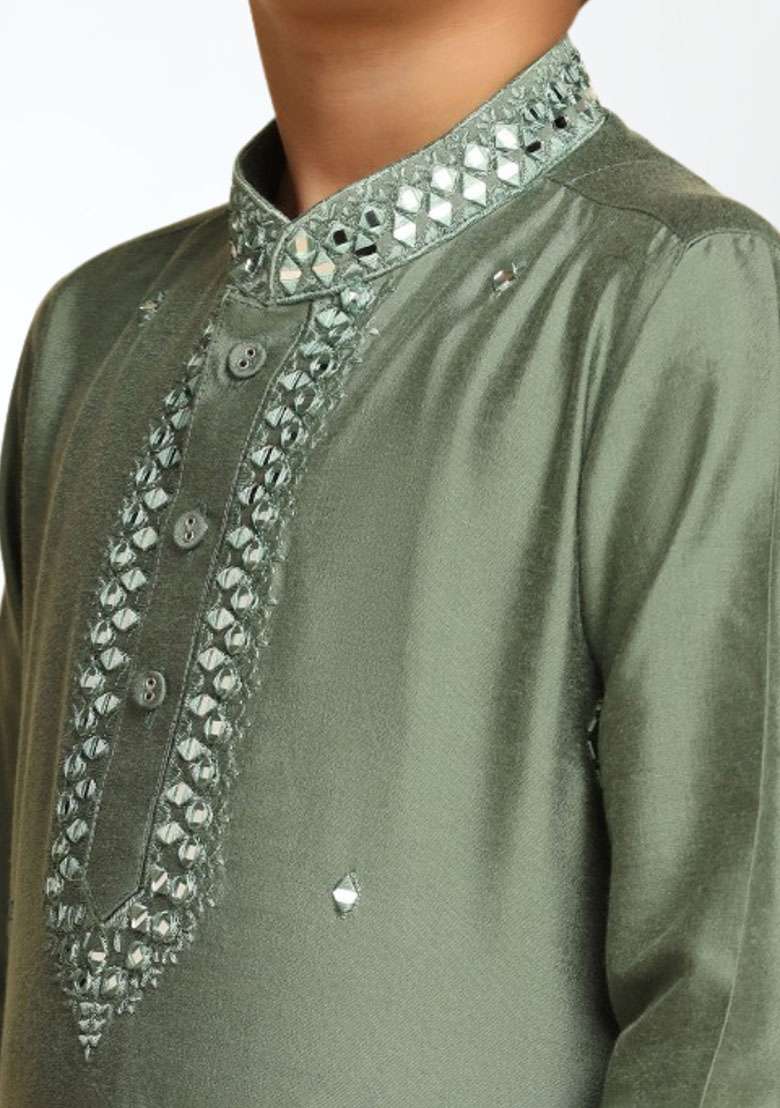 Pista Green Self Design Art Silk Kurta Set For Boy - Indya