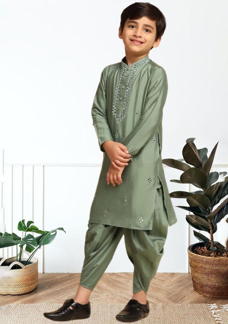 Pista Green Self Design Art Silk Kurta Set For Boy