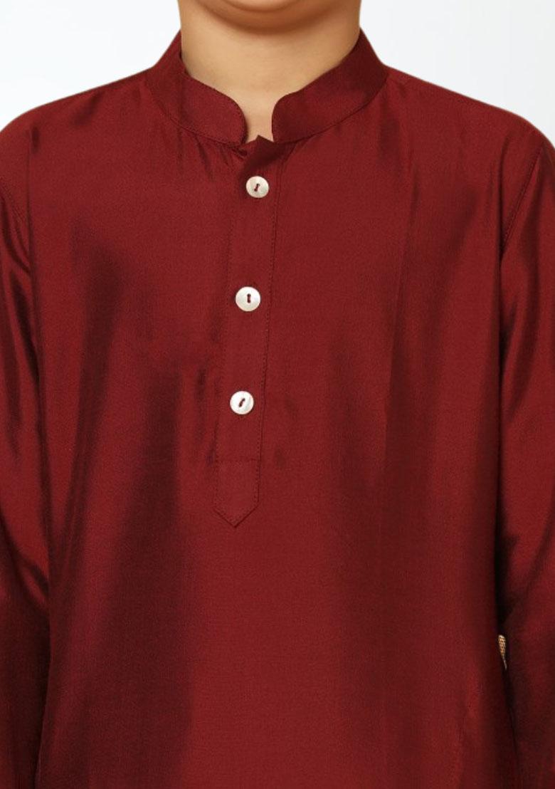 Maroon Self Design Art Silk Kurta Set For Boy