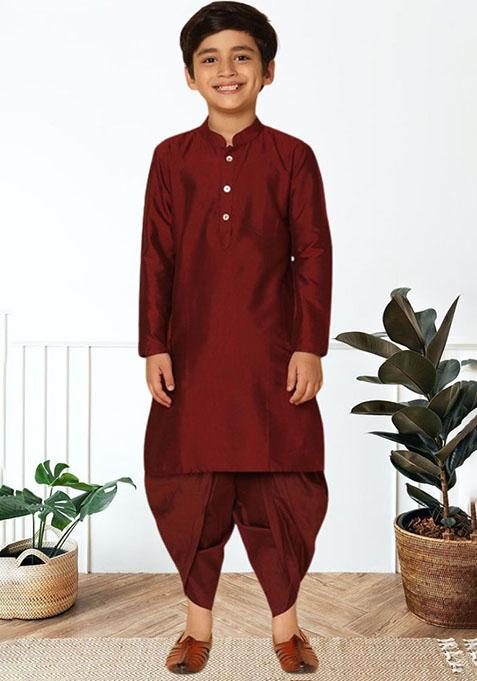 Maroon Self Design Art Silk Kurta Set For Boy