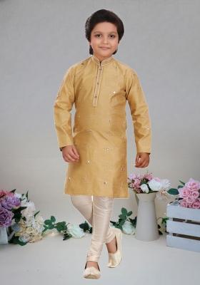 Gold Self Design Art Silk Kurta Set For Boy