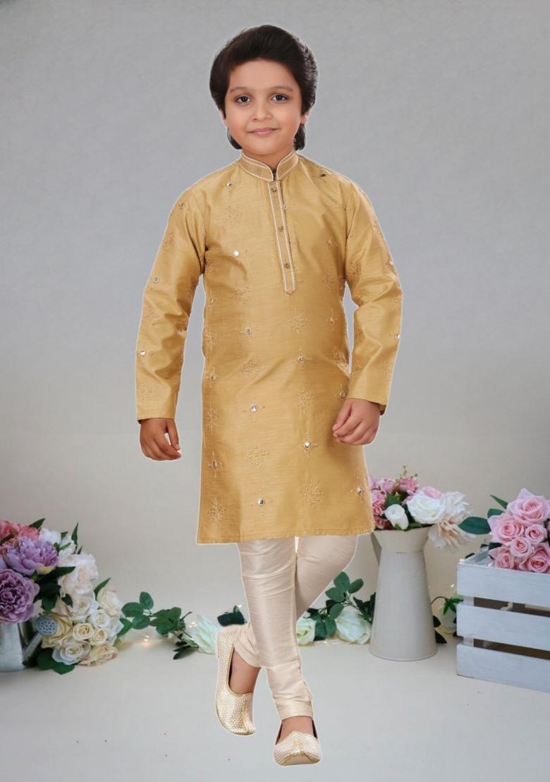 Gold Self Design Art Silk Kurta Set For Boy