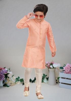 Coral Self Design Art Silk Kurta Set For Boy