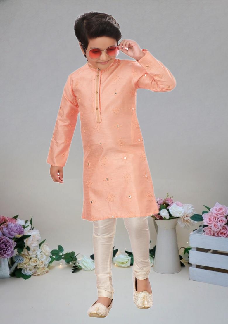 Coral Self Design Art Silk Kurta Set For Boy