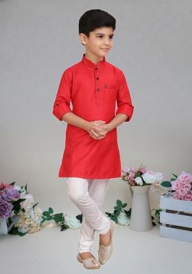 Red Self Design Art Silk Kurta Set For Boy