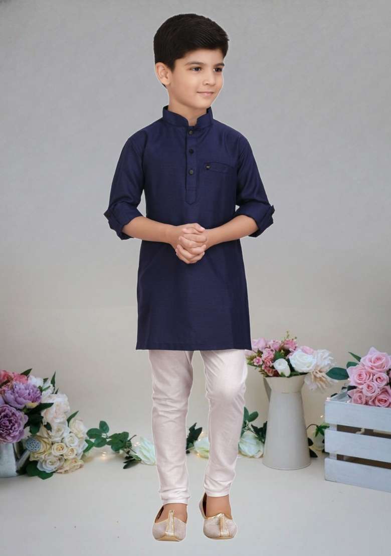 Navy Blue Self Design Art Silk Kurta Set For Boy - Indya