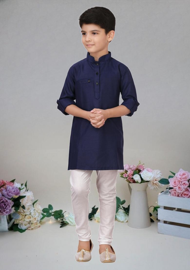 Navy Blue Self Design Art Silk Kurta Set For Boy