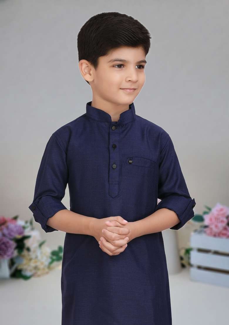 Navy Blue Self Design Art Silk Kurta Set For Boy - Indya