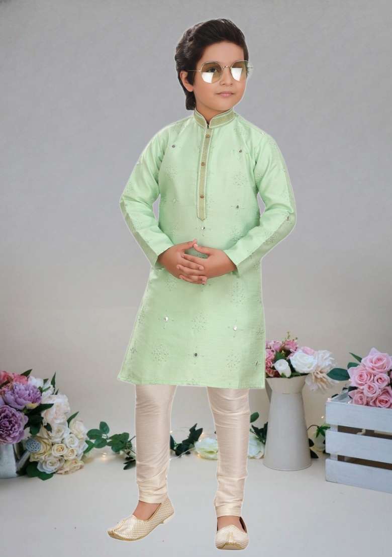 Pista Green Self Design Art Silk Kurta Set For Boy - Indya