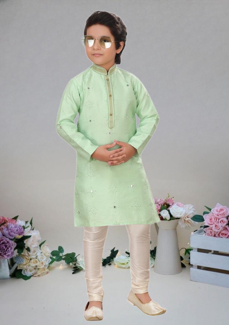 Pista Green Self Design Art Silk Kurta Set For Boy