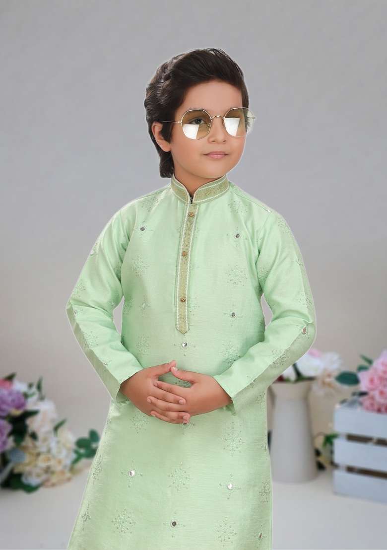 Pista Green Self Design Art Silk Kurta Set For Boy - Indya