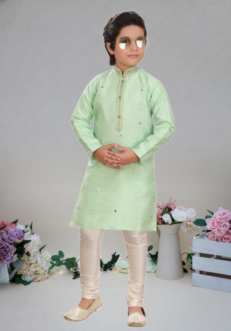 Pista Green Self Design Art Silk Kurta Set For Boy