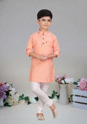 Chiku Brown Self Design Cotton Kurta Set For Boy