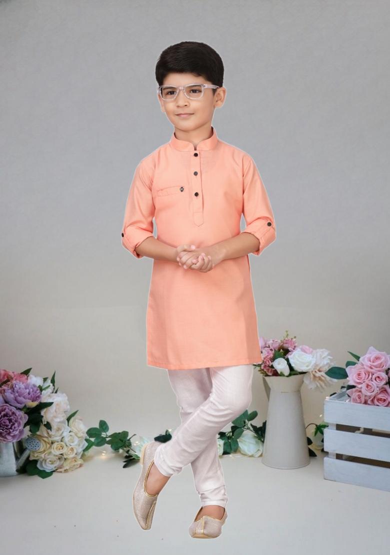 Chiku Brown Self Design Cotton Kurta Set For Boy