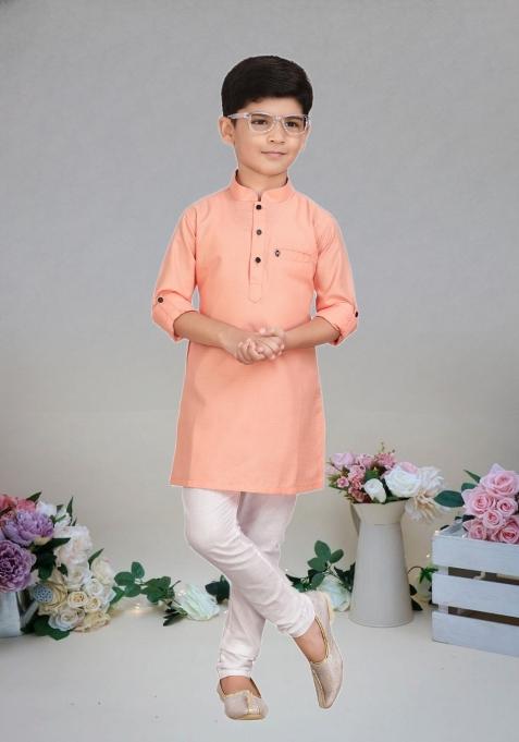 Chiku Brown Self Design Cotton Kurta Set For Boy