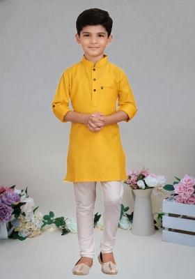 Yellow Self Design Cotton Kurta Set For Boy