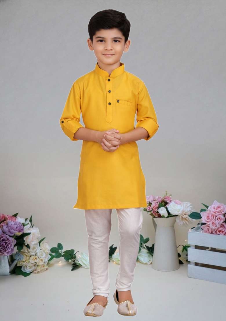 Yellow Self Design Cotton Kurta Set For Boy - Indya
