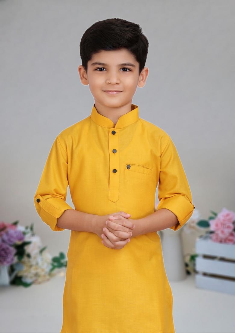 Yellow Self Design Cotton Kurta Set For Boy
