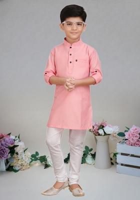 Pink Self Design Cotton Kurta Set For Boy