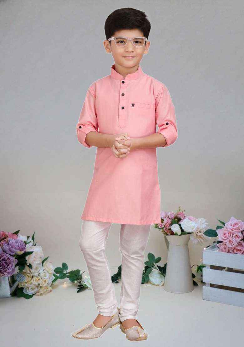 Pink Self Design Cotton Kurta Set For Boy - Indya