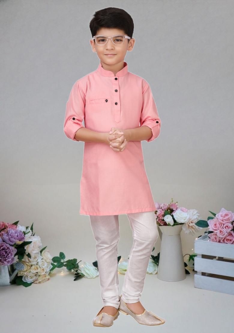 Pink Self Design Cotton Kurta Set For Boy