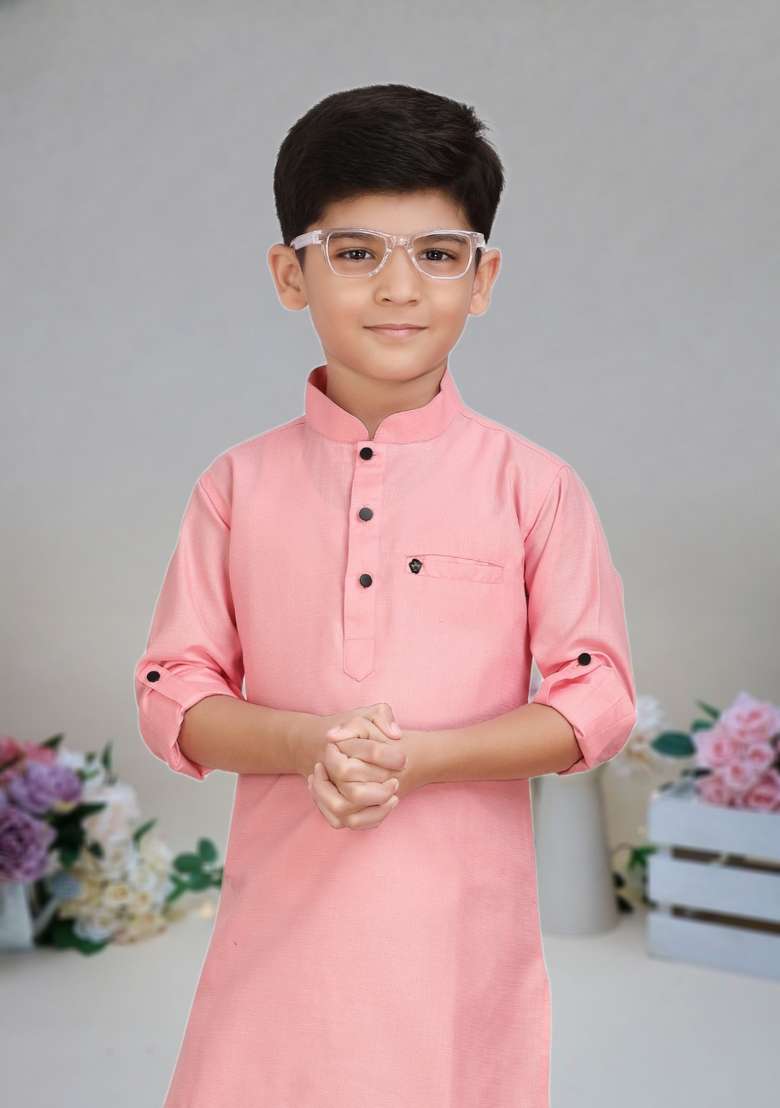 Pink Self Design Cotton Kurta Set For Boy - Indya