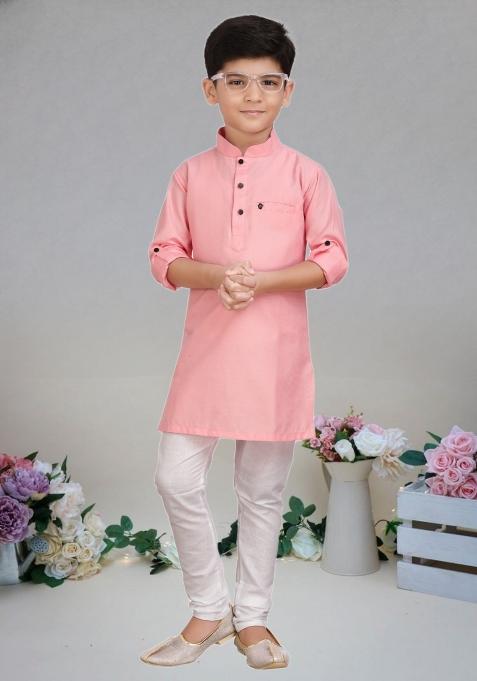 Pink Self Design Cotton Kurta Set For Boy