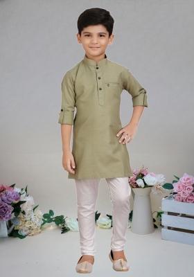 Mehendi Green Self Design Cotton Kurta Set For Boy