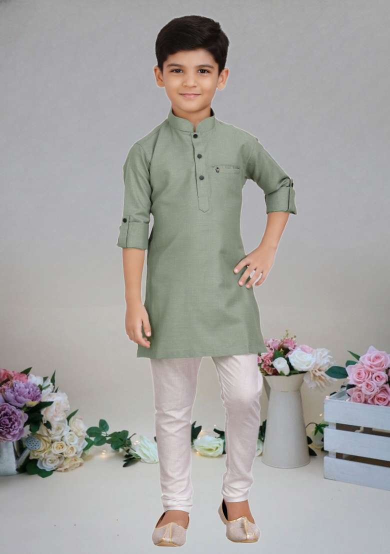Mehendi Green Self Design Cotton Kurta Set For Boy - Indya