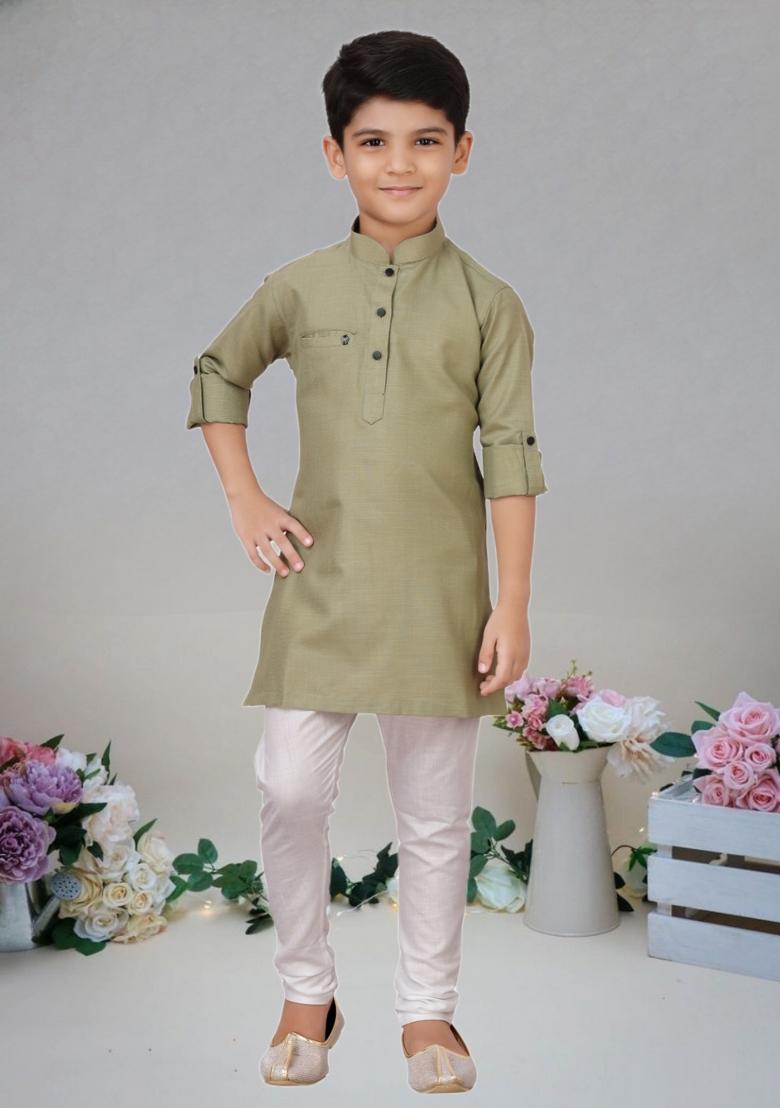 Mehendi Green Self Design Cotton Kurta Set For Boy