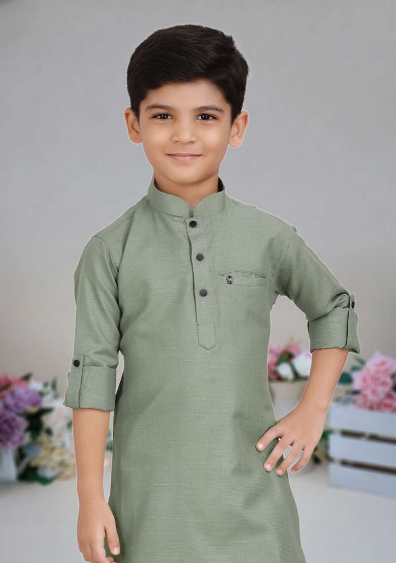Mehendi Green Self Design Cotton Kurta Set For Boy - Indya