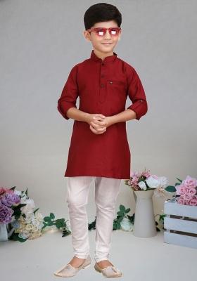 Maroon Self Design Cotton Kurta Set For Boy