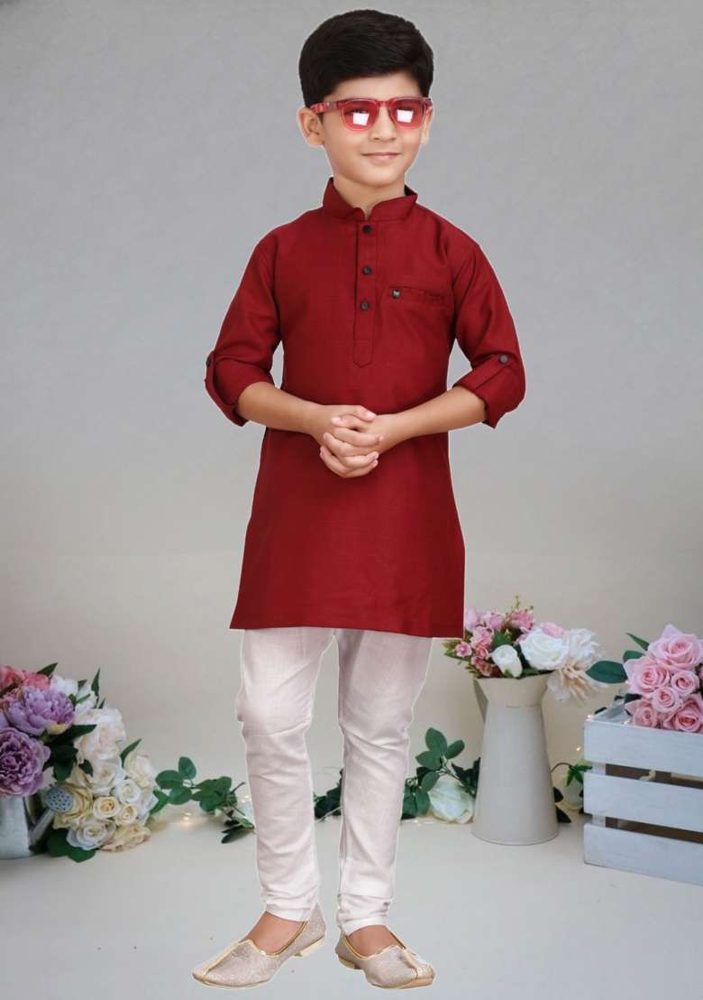 Maroon Self Design Cotton Kurta Set For Boy - Indya
