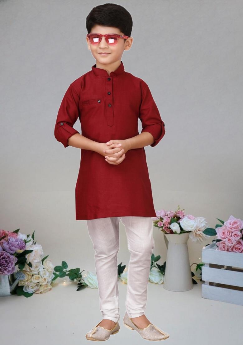 Maroon Self Design Cotton Kurta Set For Boy
